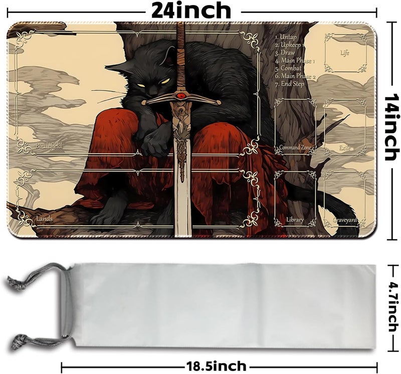April Space MTG Playmat (Stitched) Size 24x14in Free Storage Bags - Ideal for Card Game Enthusiasts TCG Playmat Mouse Pad with Card Zones (Cat Swordsman,with Zone) - Image 2